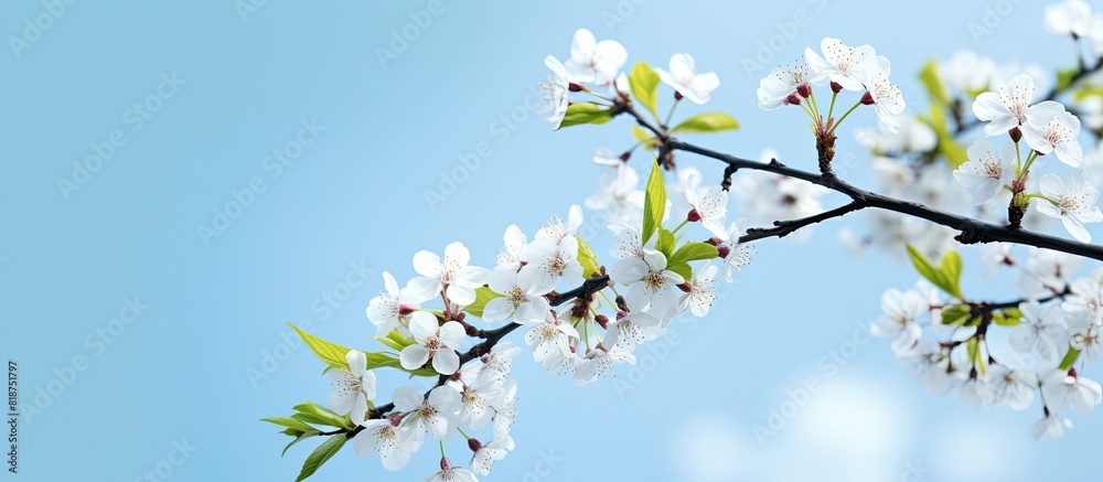 Copy space image of a flowering bird cherry tree branch against a serene blue sky in a beautiful spring landscape Copy space image of a flowering bird cherry tree branch against a serene blue sky in a beautiful spring landscape