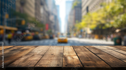 Wooden table with blurry urban street background. Copy space. Generative AI 