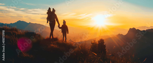 A family of three is walking on a mountain top at sunset. The father is holding the child's hand while the mother is holding the child's other hand. The sun is setting behind them photo