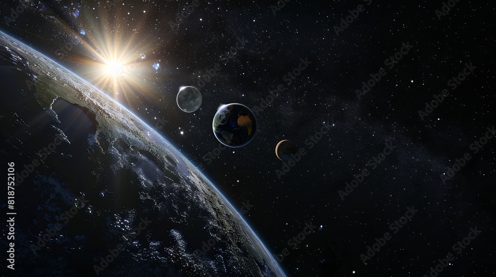 Fototapeta premium 3D rendering, three planets orbiting the sun in space with earth as foreground, with dark background