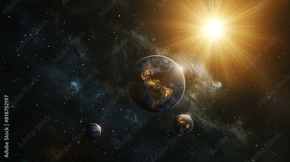 Obraz premium 3D rendering, three planets orbiting the sun in space with earth as foreground, with dark background