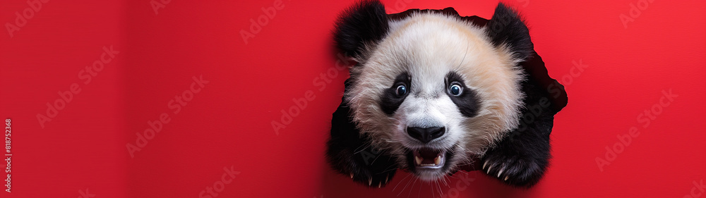 Fototapeta premium Baby panda breaking through a red background. Copy space. Generative AI 