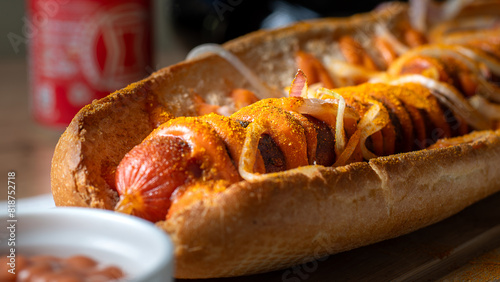 Closeup of a hot dog with pure beef sausage with onions on a wooden board.
