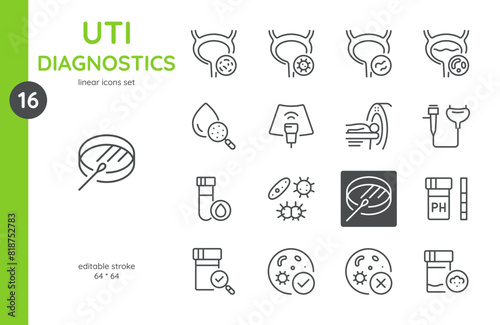 UTI Diagnostics Icon Set. Linear Icons Illustrating Methods and Tools for Diagnosing Urinary Tract Infections. Includes Urinalysis, Imaging, Bacterial Culture, and Medical Devices. Editable Vector Sig