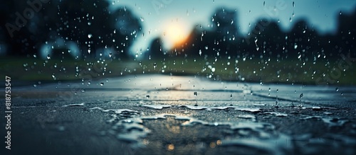 Raindrops heavily falling into a puddle in an outdoor setting with plenty of space around for additional images or text overlays