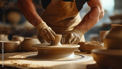 A skilled potter shaping clay on a wheel in a sunlit studio, surrounded by pottery
