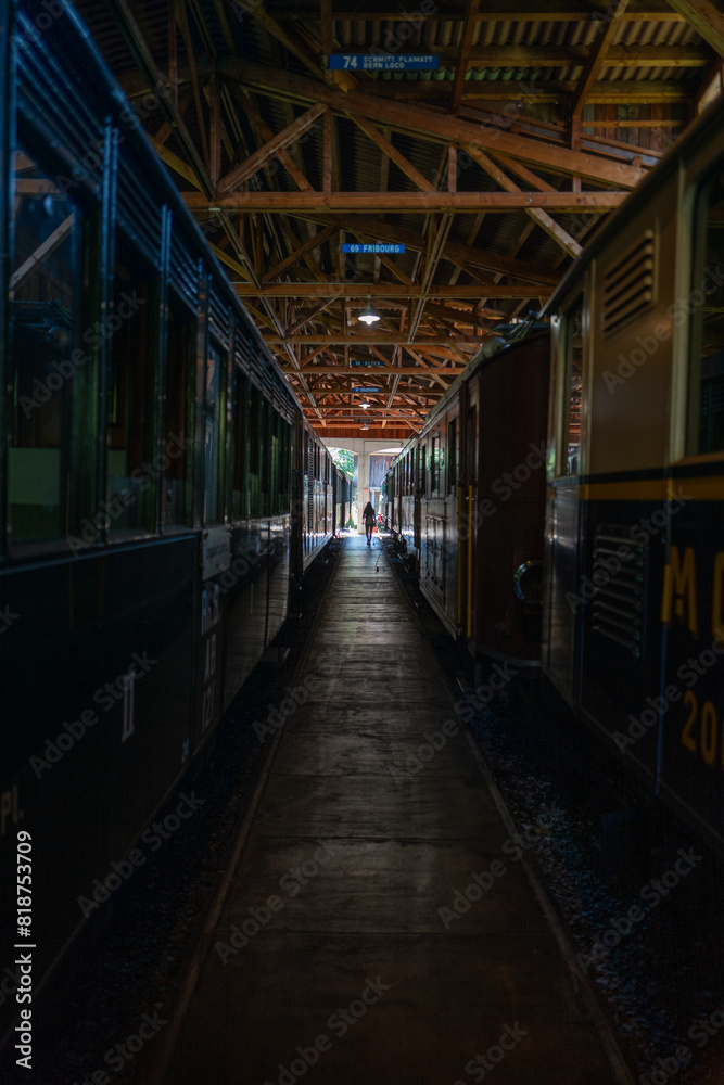 Woman walking on a narrow walkway at the train station Woman walking on a narrow walkway at the train station