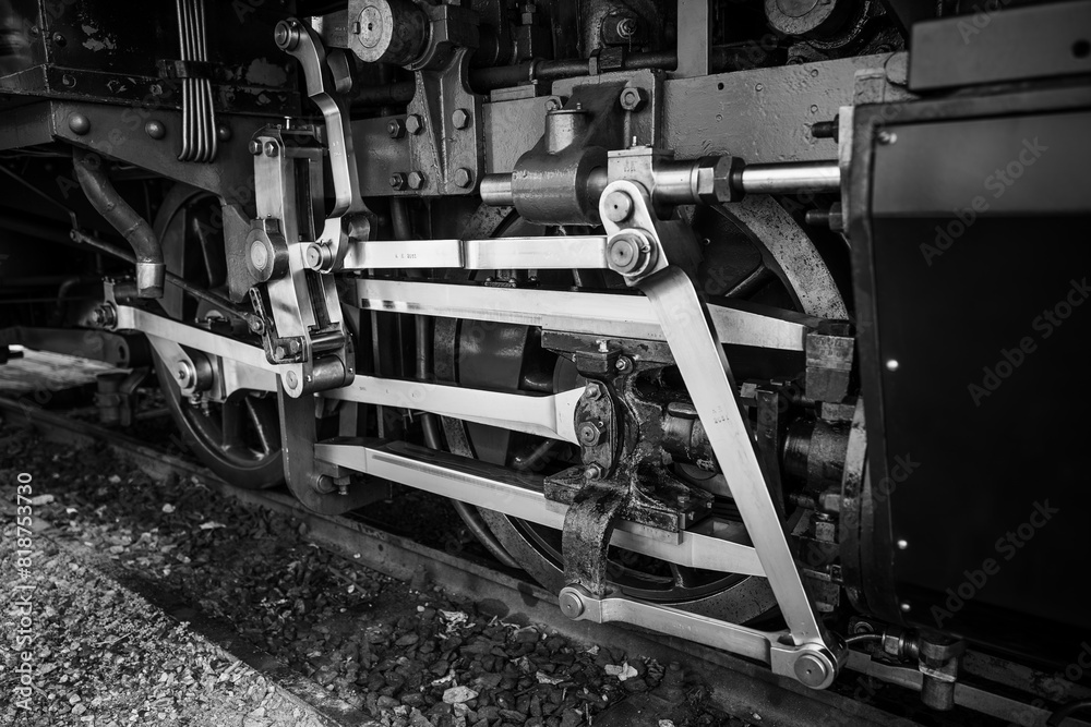 Fototapeta premium Closeup shot of a train wheels on the tracks
