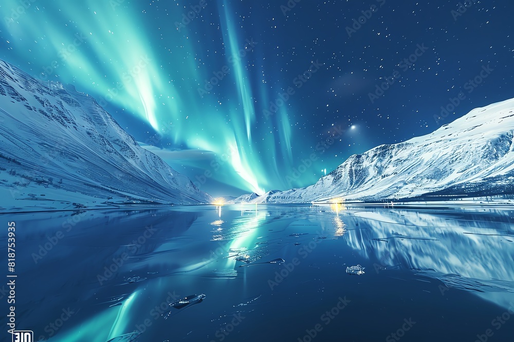 Aurora borealis and stars over a Nordic fjord