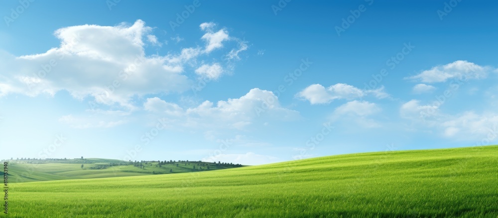 A picturesque scene with a lush green field extending beneath a clear blue sky providing ample copy space for images A picturesque scene with a lush green field extending beneath a clear blue sky providing ample copy space for images