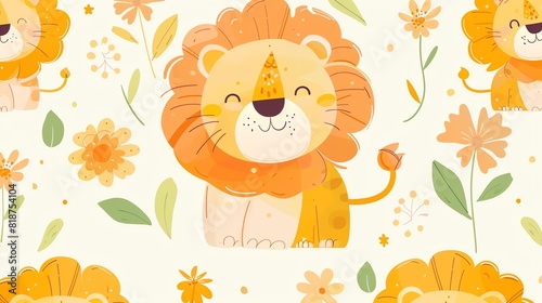 A cute and colorful pattern of a lion with flowers. The lion is the main focus of the pattern, and is surrounded by a variety of flowers and leaves.