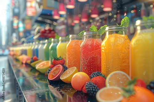 Juice bar counter with a variety of colorful options