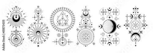 Vector space sign collection. Set of celestial symbols with planet, orbit, moon and sun, crescent. Astrology tattoo or tarot esoteric card. Occult and spiritual print. Sky and universe, cosmos, galaxy