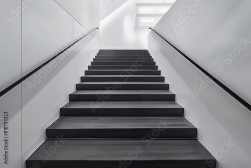 Luxury boutique's minimalist staircase, sleek black steps against pure white walls.