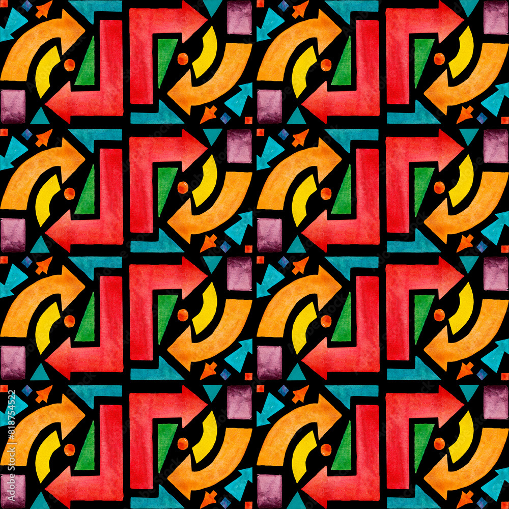 Fototapeta premium Pattern with multi-colored arrows. Watercolor drawing on a black background. 