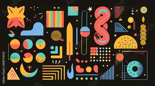 A vector illustration of a variety of colorful geometric shapes and objects.