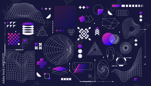 Set of futuristic geometry shapes. Vector isolated wireframe and bended grids. 3d cyber or sci-fi elements. Geometric mesh for future poster. Topology and science cover element. Techno template