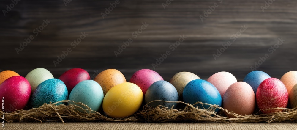 Colorful Easter eggs are creatively displayed on a rustic backdrop of burlap and straw with plenty of copy space image Colorful Easter eggs are creatively displayed on a rustic backdrop of burlap and straw with plenty of copy space image
