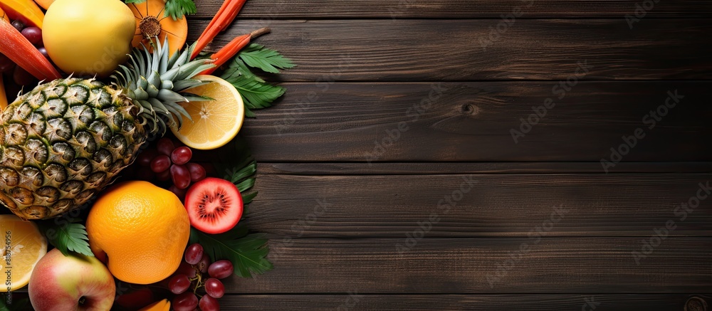 Copy space image featuring a wooden table adorned with palm oil and a variety of fresh fruits creating a tasteful flat lay composition Copy space image featuring a wooden table adorned with palm oil and a variety of fresh fruits creating a tasteful flat lay composition