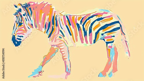 Colorful illustration of a zebra with a pink mane walking on a beige background.