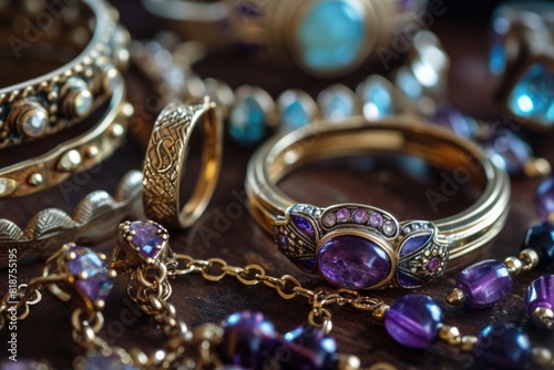 Many different rings and bracelets on a table
