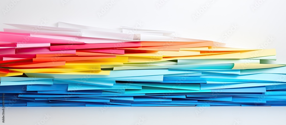A white background adorned with a mesmerizing arrangement of stacked colored papers creating an alluring copy space image A white background adorned with a mesmerizing arrangement of stacked colored papers creating an alluring copy space image