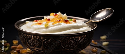 A bowl of traditional Turkish Noah s pudding displayed on a black slate background providing room for additional text or images