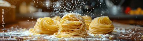 Freshly made pasta on a kitchen counter culinary art theme detailed texture of pasta and flour homey kitchen backdrop