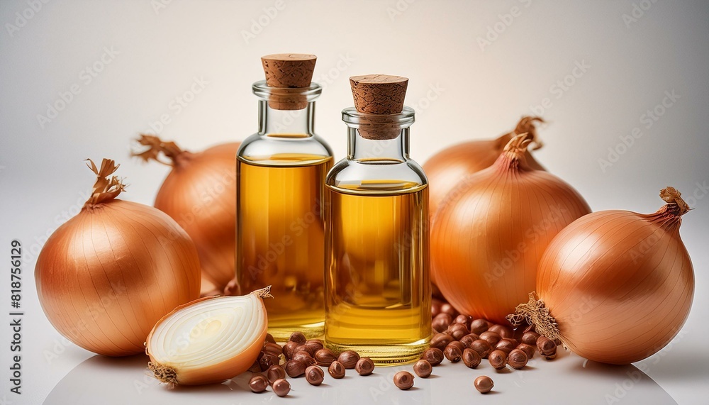 small bottles of onion oil alongside fresh onions, placed against a clean white background. small bottles of onion oil alongside fresh onions, placed against a clean white background.