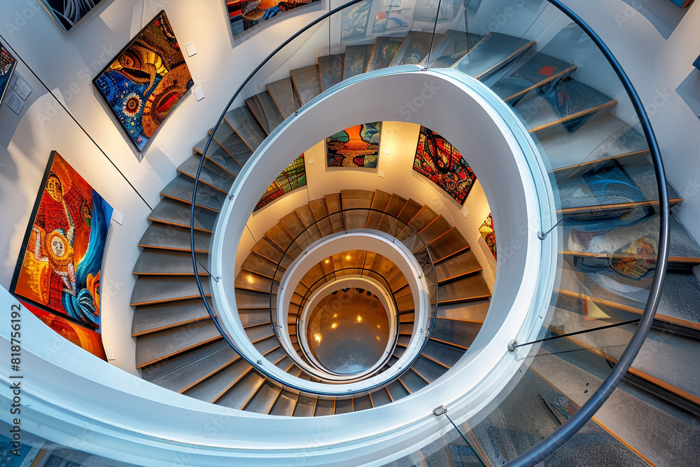 Each step of a spiral staircase in a contemporary art museum displays a distinct artwork.