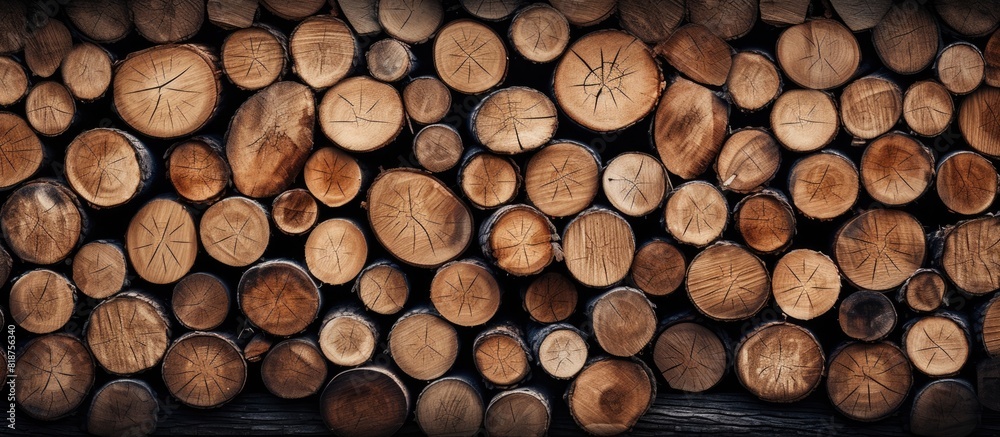 A copy space image of stacked tree trunks or logs creating an abstract background