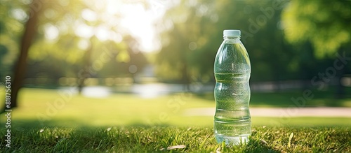 A refreshing bottle of water rests on the lush green lawn with plenty of empty space surrounding it for a clean and uncomplicated image. Creative banner. Copyspace image photo