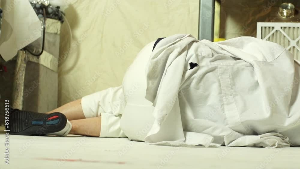 Science Dead Move Closeup footage of a scientist fallen on the ground in the laboratory ...
