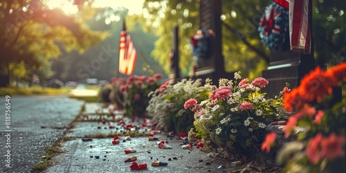 Memorial Day background Veteran's day American flag draped over a memorial stone park with lush greenery
 photo