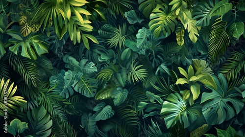 A lush tropical leaf background with a variety of green leaves.