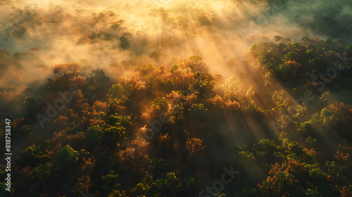 Enchanting Aerial View of Lush Forest Bathed in Morning Light