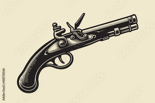 Old pirate musket, pistol. Beautiful vintage engraving vector illustration. Black outline	