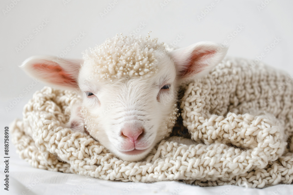 Cute lamb wrapped in a knitted blanket on white background. Animal photography. Comfort and innocence concept. Design for poster and greeting card. Close-up view Cute lamb wrapped in a knitted blanket on white background. Animal photography. Comfort and innocence concept. Design for poster and greeting card. Close-up view