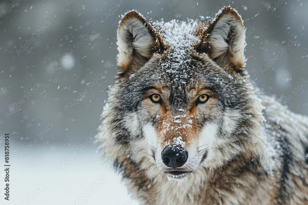 Fototapeta premium Close-up of a wolf with snow on its fur in a winter landscape. High-resolution photography. Wildlife and nature conservation concept. Design for poster and print. Front view