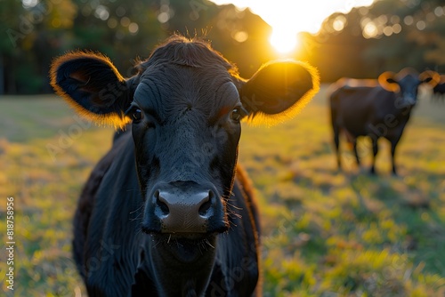 Close-Up of Curious Cow on Green Pasture During Sunset - Farm Life, Rural Scene, Nature, Livestock