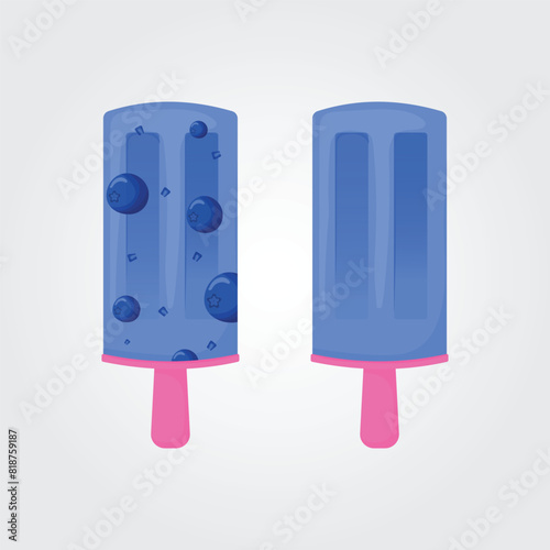 Blueberry ice cream, berry popsicle on a pink stick with blueberry pieces. Summer cold dessert, berry ice. Vector illustration EPS 10