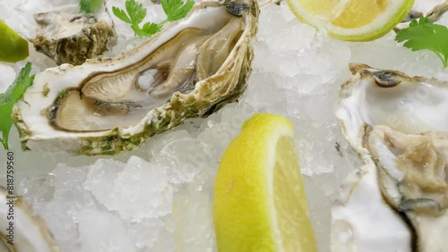 Oysters with lemon slices on crushed ice. Edible raw seafood, close-up view photo