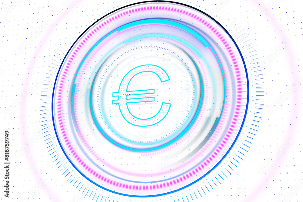 A stylized Euro currency symbol in the center surrounded by digital circular patterns on a dotted pink and blue background, depicting futuristic currency concept A stylized Euro currency symbol in the center surrounded by digital circular patterns on a dotted pink and blue background, depicting futuristic currency concept