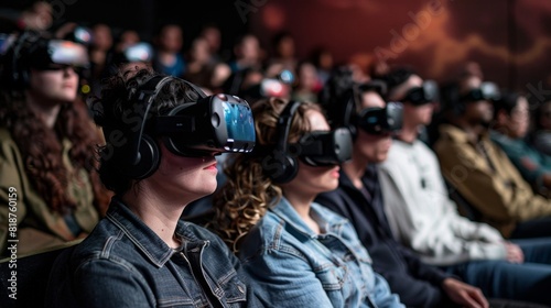 AI horror film festival, virtual screening, attendees watching with VR headsets