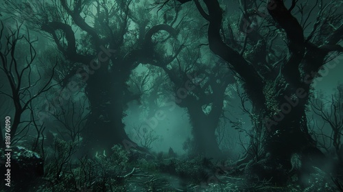 Digital haunted forest, AI-generated eerie trees and creatures, spooky atmosphere