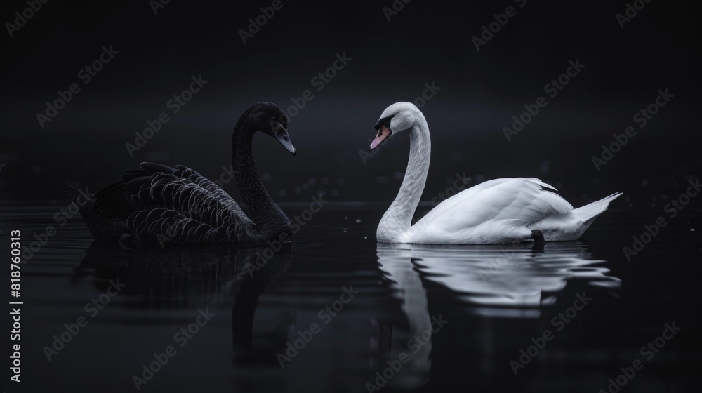 Obraz premium a beautiful black swan and a white swan floating