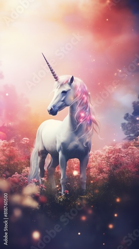 Enchanting unicorn with glowing mane stands amidst a magical  dreamy landscape filled with vibrant flowers and sparkles.