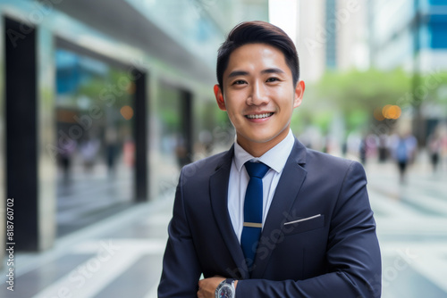 A man in a suit and tie is smiling for the camera. He is standing in front of a building with a crowd of people walking by