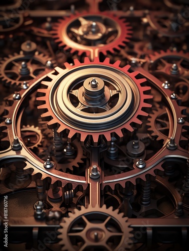 Close-up of interconnected gears and cogs in a steampunk-style machinery, showcasing intricate mechanical details and industrial design. photo