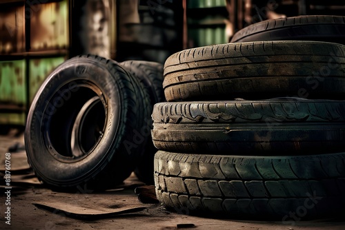 Piles of car tires in factory storage area. Concept Industrial Waste Management, Recycling Practices, Synthetic Rubber Production, Tire Manufacturing Technology.